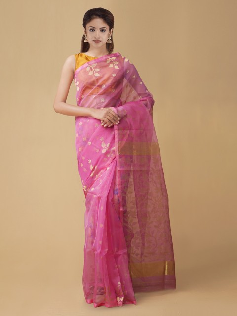 

Unnati Silks Pink & Gold-Toned Silk Cotton Woven Design Maheshwari Saree