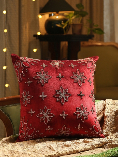 

Amoliconcepts Burgundy & God-Coloured Hand-Beaded Embroidered Square Cushion Cover