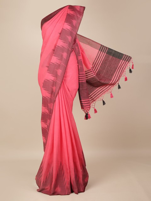 

Pothys Pink & Grey Linen Blend Solid Saree