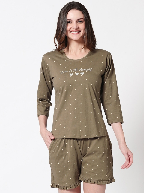 

Zeyo Women Olive Green & Off-White Polka Dot Printed Night Suit
