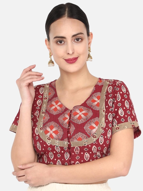 

Molcha Maroon & Beige Ajrak Printed Non-Padded Sleeveless Saree Blouse