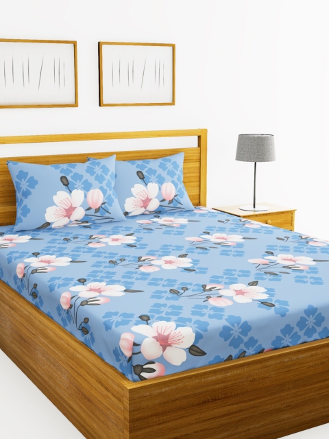 

BIANCA Blue & Pink Floral 152 TC Polyester 1 Queen Bedsheet with 2 Pillow Covers