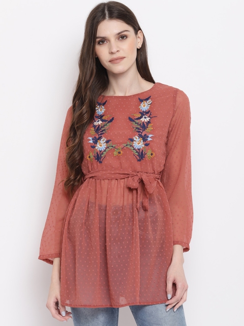 

Mayra Women Rust Self Design Cinched Waist Top