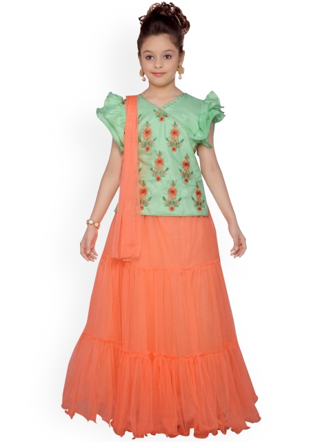 

Aarika Girls Green & Orange Embroidered Ready to Wear Lehenga & Blouse with Dupatta