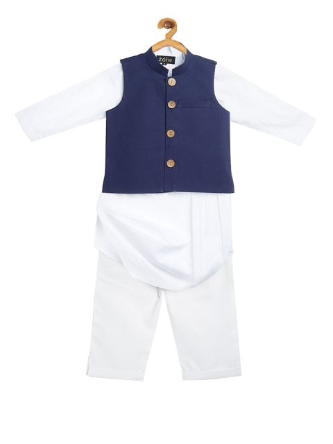 

Zotw Unisex Kids White & Navy Blue Solid Kurta with Pyjamas & Waistcoat