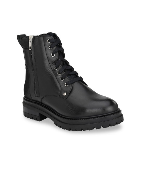 

Delize Women Black Solid Leather High-Top Flat Boots