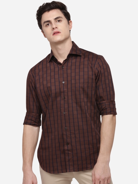 

METAL Men Brown & Blue Slim Fit Checked Casual Shirt