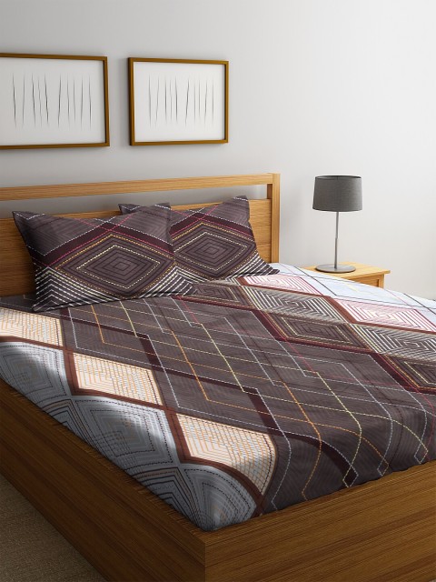 

NEUDIS Brown & Off-White Geometric 180 TC Polycotton 1 King Bedsheet with 2 Pillow Covers
