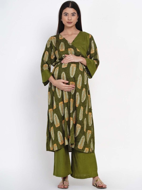 

Mine4Nine Women Olive Green Printed Kurta with Trousers