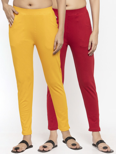 

NEUDIS Women Pack Of 2 Solid Ankle-Length Leggings, Yellow