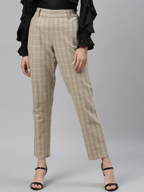 

RAREISM Women Beige Slim Fit Checked Regular Trousers