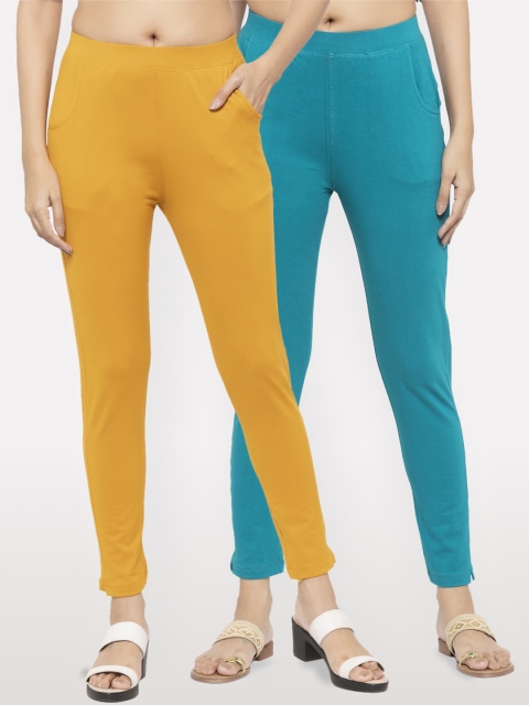 

NEUDIS Women Pack Of 2 Solid Ankle-Length Leggings, Yellow
