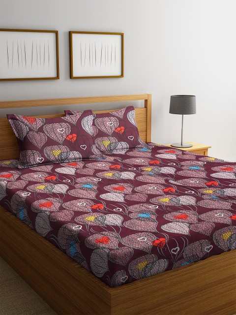 

NEUDIS Maroon Floral 180 TC Polycotton 1 King Bedsheet with 2 Pillow Covers