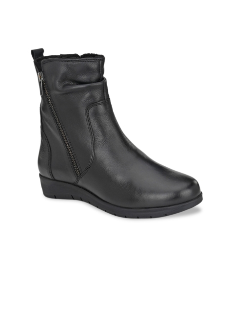 

Delize Women Black Solid Leather High-Top Flat Boots