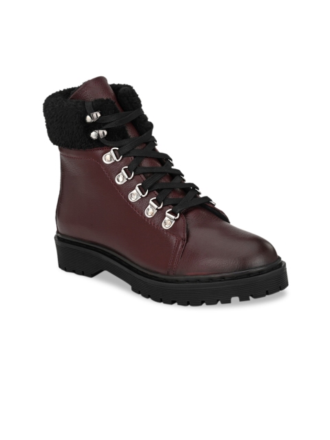 

Delize Women Burgundy Colourblocked Leather Mid-Top Flat Boots