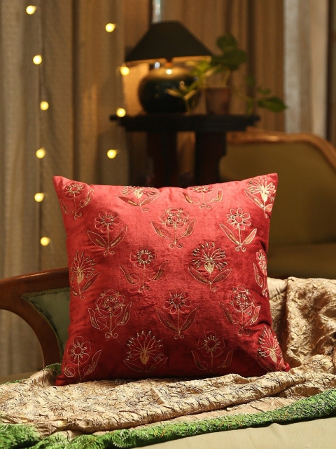 

Amoliconcepts Burgundy & Gold-Toned Floral Embroidered Square Cushion Cover