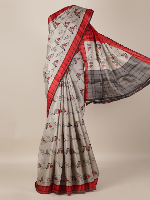

Pothys Grey & Red Jute Silk Printed Saree