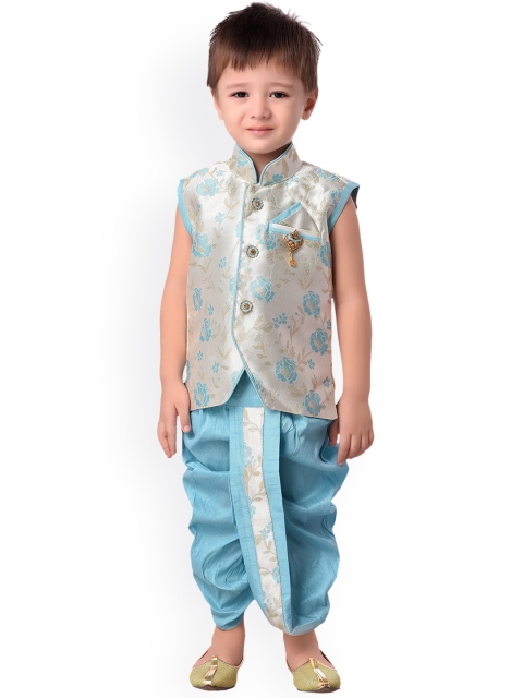 Jeetethnics Boys Silver-Toned & Blue Woven Design Kurta with Dhoti Pants