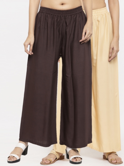 

NEUDIS Women Pack Of 2 Solid Flared Palazzos, Beige