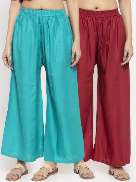 

NEUDIS Women Pack of 2 Teal Blue & Maroon Solid Flared Palazzos