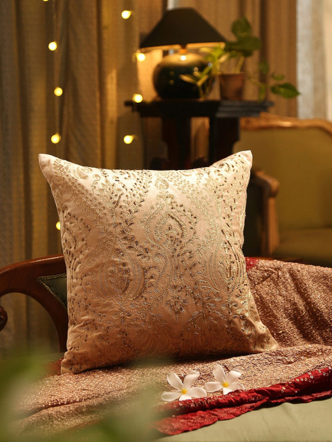 

Amoliconcepts Unisex Beige Embroidered Cushion Cover