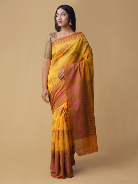 

Unnati Silks Yellow Silk Cotton Printed Banarasi Saree