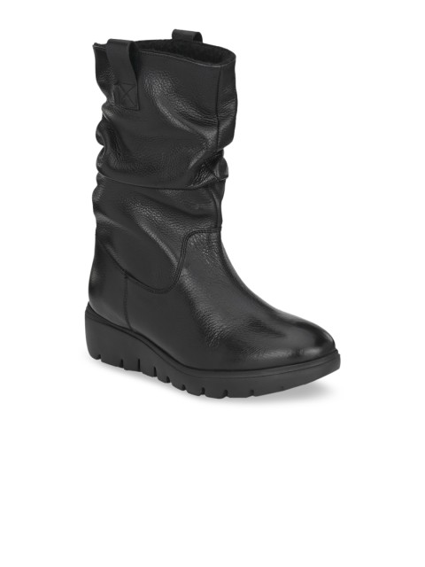 

Delize Women Black Solid Leather High-Top Flat Boots