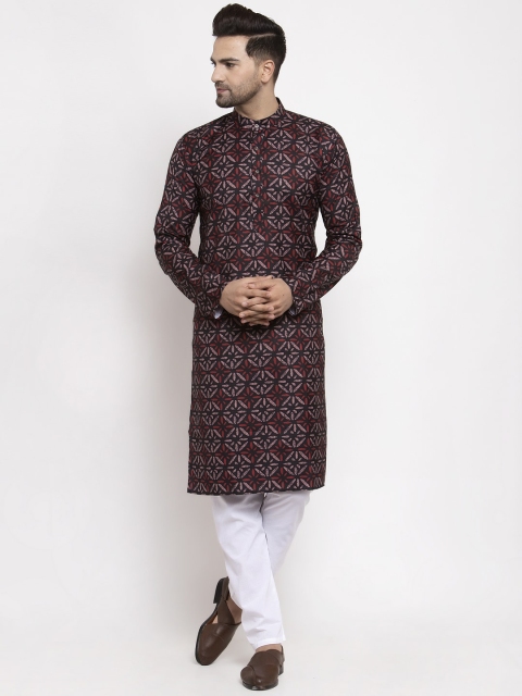 

Jompers Men Coffee Brown & White Printed Kurta with Pyjamas