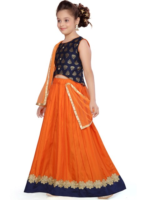 

Aarika Girls Navy Blue & Orange Woven Design Ready to Wear Lehenga & Blouse with Dupatta