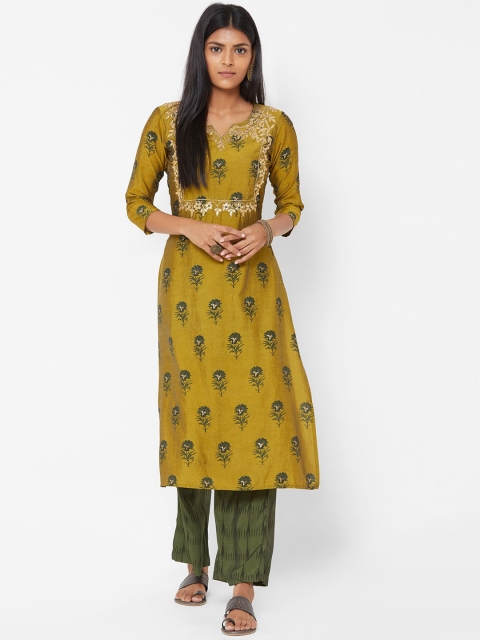 

FASHOR Women Green & Mustard Printed Kurti with Palazzos