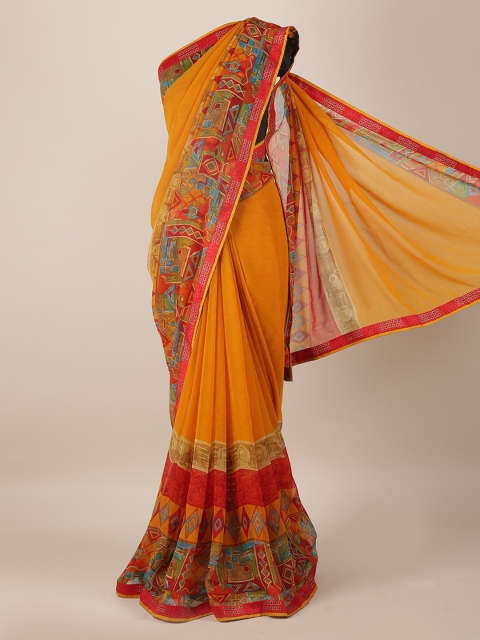 

Pothys Mustard Yellow Solid Poly Georgette Saree