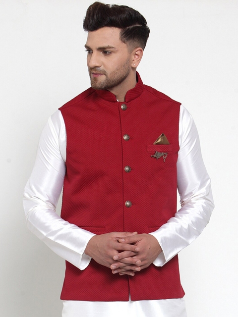 

Jompers Men Maroon Woven Design Nehru Jacket