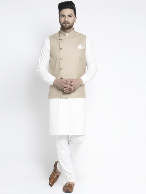

Jompers Men White & Beige Solid Kurta with Pyjamas With Nehru Jacket
