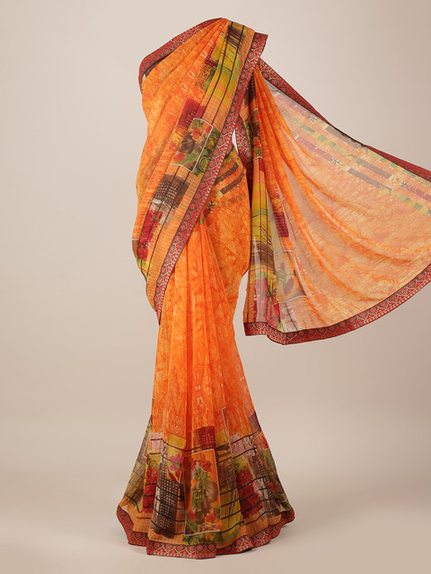 

Pothys Orange Printed Poly Georgette Saree