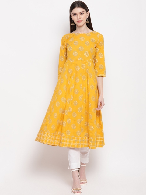 

Janasya Women Yellow & Gold-Toned Printed Anarkali Kurta