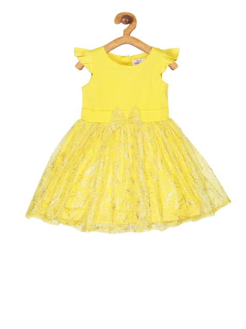 

YOUNG BIRDS Girls Yellow Self Design Fit and Flare Dress