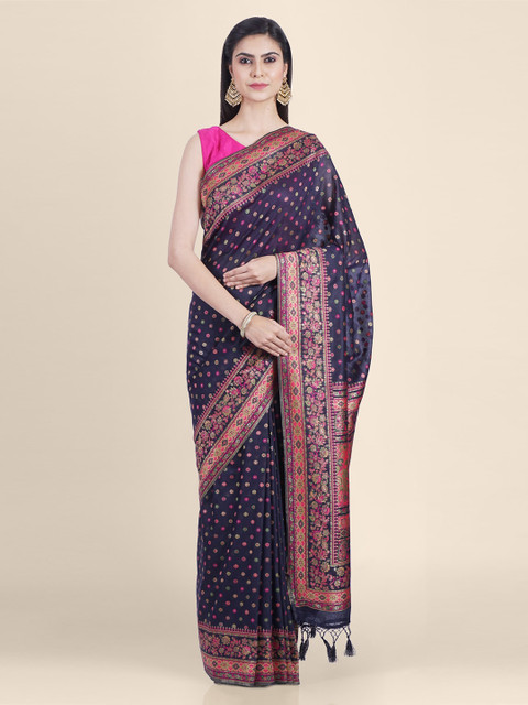 

Kasat Navy Blue & Red Pure Silk Woven Design Handloom Tussar Saree