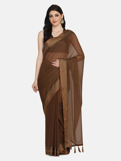 

BOMBAY SELECTIONS Brown & Gold-Coloured Poly Chiffon Mukaish Hand Embroidered Saree