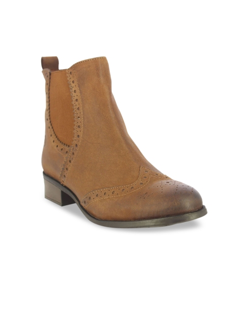 

Alberto Torresi Women Tan Brown Textured Leather Mid-Top Flat Boots