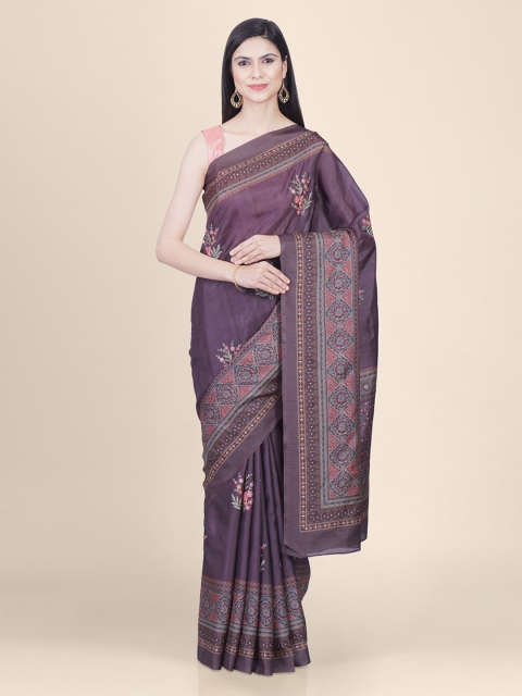 

Kasat Burgundy & Orange Silk Blend Printed Tussar Handloom Saree