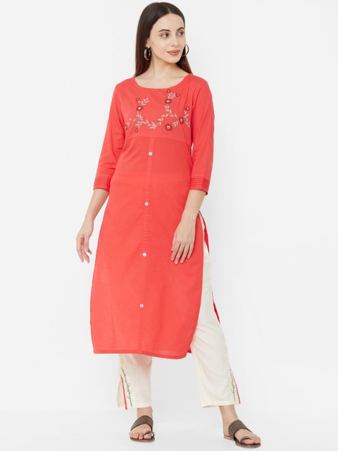 

Os Women Peach-Coloured Embroidered Cotton Kurta with Trousers