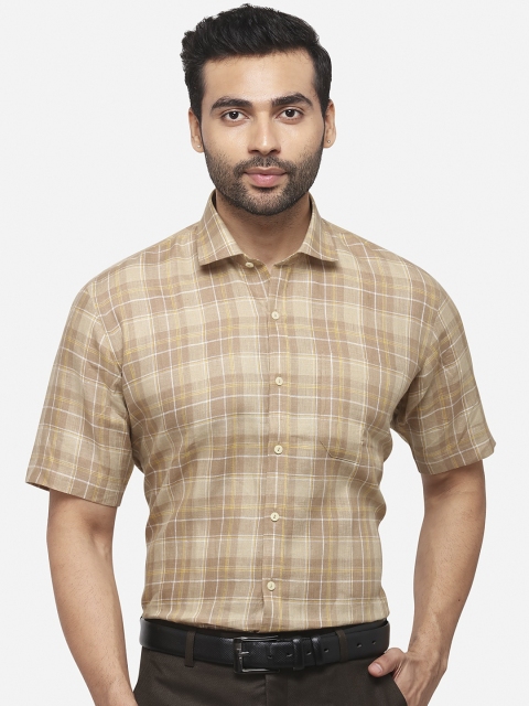 

JADE BLUE Men Beige Regular Fit Checked Linen Formal Shirt