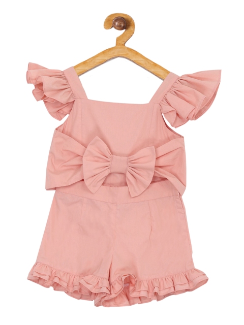 

KIDKLO Girls Peach-Coloured Solid Top with Shorts
