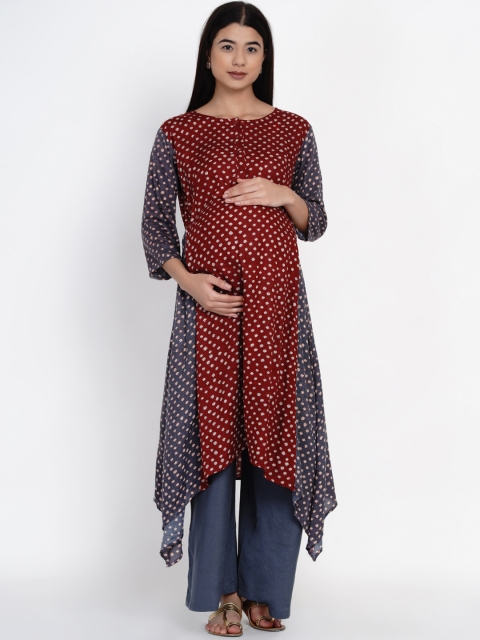 

Mine4Nine Women Maroon & Grey Printed A-Line Kurta