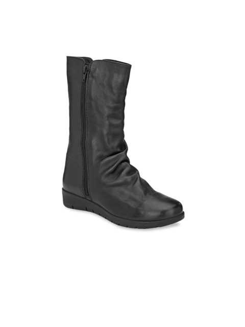 

Delize Women Black Solid Leather High-Top Flat Boots
