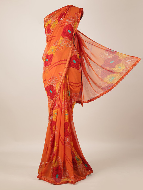 

Pothys Orange Printed Poly Georgette Saree