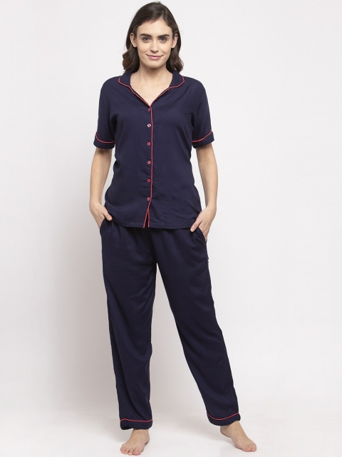 

NEUDIS Women Navy Blue Solid Night Suit