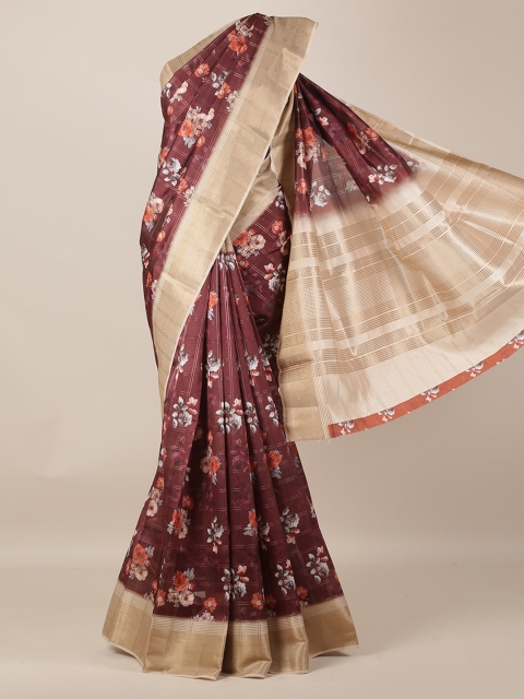 Pothys Brown & Gold-Toned Jute Silk Printed Saree