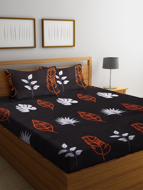 

NEUDIS Black & Red Floral 180 TC Polycotton 1 King Bedsheet with 2 Pillow Covers
