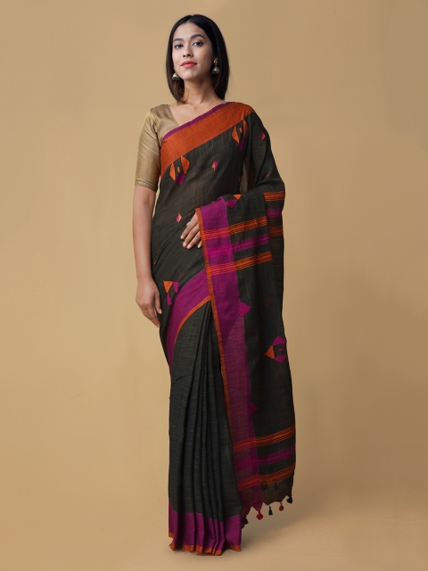 Unnati Silks Black & Pink Pure Linen Woven Design Jamdani Handloom Saree